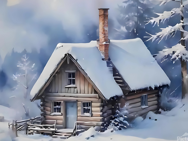 Snowy Cabin in Winter Forest – Cozy Christmas Art Print Print