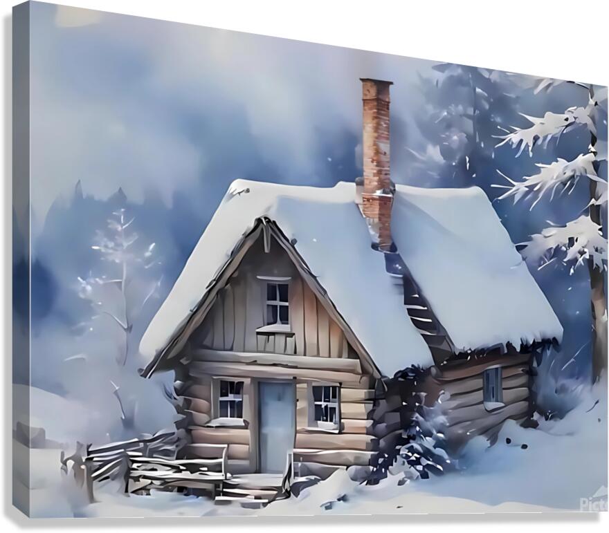 Snowy Cabin in Winter Forest – Cozy Christmas Art Print Canvas Print