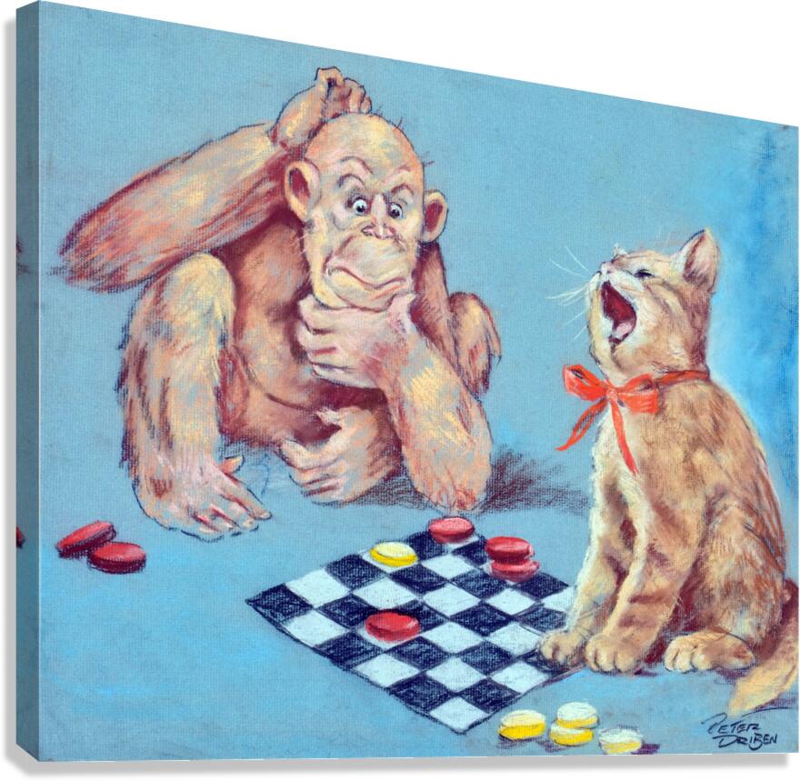 Monkey and Cat Playing Chess Canvas Print
