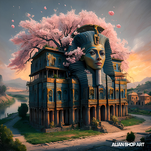 An ancient Egyptian Pharaonic building decorated with a magnificent cherry blossom tree.