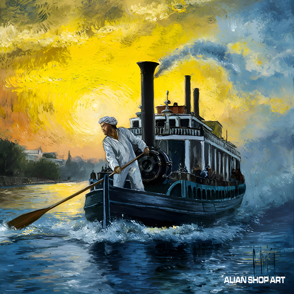 A sailor riding a steamship in the middle of the sea surrounded by waves Print