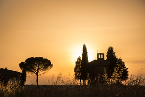 Vitaleta Chapel at sunset Tuscany landscape