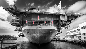 American flags at the stern of the USS Midway San Diego