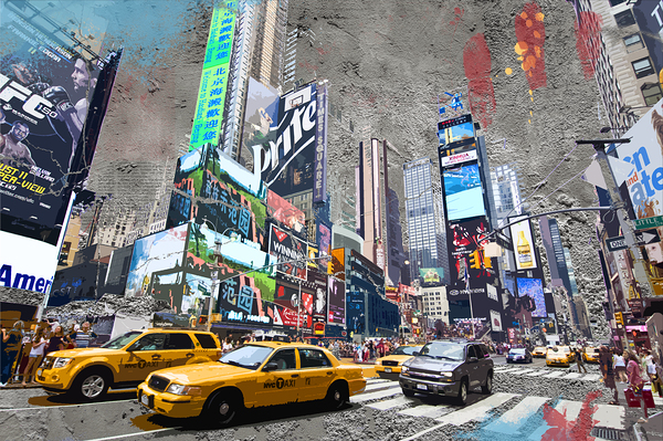 Yellow taxis in Times Square New York street art style