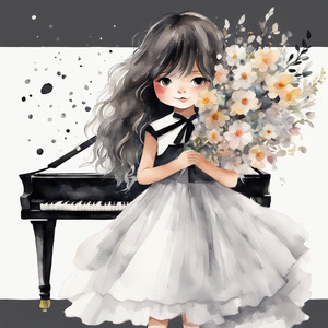 petite fille 10 ans cheveux noir avec robe blanche  jouant du piano avec bouquet de fleur sur le piano Watercolor style