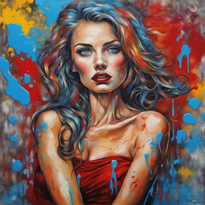 Pinup done in a modern graffiti style. The blue-eyed red liped lady. Background is a colorful mix of splash and drip and thrown paints  fantasy beautiful high definition colourful Van Gogh acrylic art intricate details 