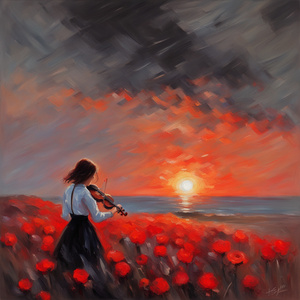 Jene fille cheveux noir pratiquant le violon sur le bord dune fenêtre au coucher du soleil avec des fleurs rouge Impressionism style