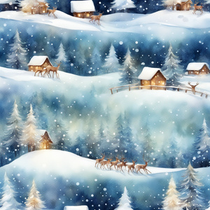 Merry Christmas shimmering snowy winter landscape with little pine trees jingling sleigh pulled by deerMerry Christmas shimmering snowy winter landscape with little pine trees jingling sleigh pulled by deer Watercolor style