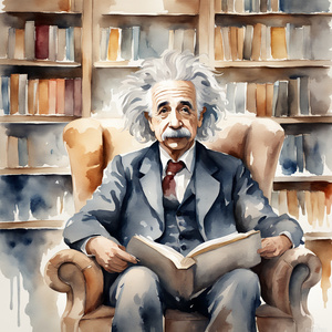  Albert Einstein is sitting in an armchair in front of a bookshelf open book watercolor portrait