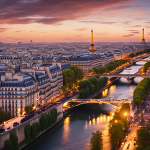 The Seine in Paris at sunset with the bridges and Notre Dame de Paris