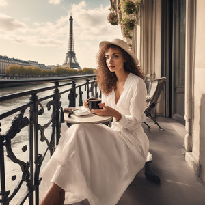 A pretty lady sitting on a terrace in Paris with a cup of coffee on the edge of the Seine