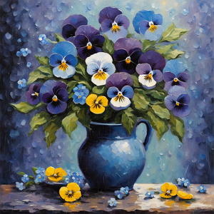Impasto-style painting of pansies and forget-me-nots arranged within a vase selectively focused on the table background a symphony of raindrop tracks suggesting a freshly dampened surface embracing a template ideal for seasonal wallpaper or a heartfelt gr