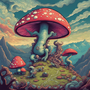 Dragon mushroom creatures fighting  for the control of the fungus illuminated clouded valley Psychedelic style