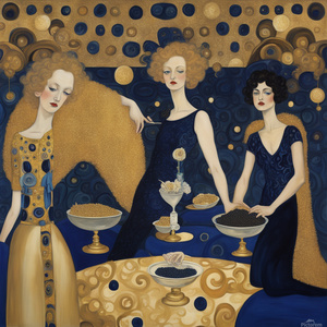 GUSTAV KLIMT HOLIDAY PARTY CAVIAR CHAMPAIGNE GOLDROYAL NAVY BLUE  Dali style