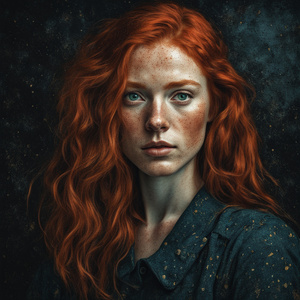 a beautiful woman with red hair and freckles with a black background Van Gogh style