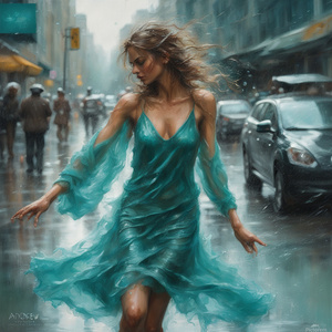 A young beautiful girl dances on the street in the rain in a translucent turquoise wet dress. splashing water droplets of water. The art of Andrew Atroshenko Artgerm and Greg Rutkowski art. Very detailed beautiful crunchy quality