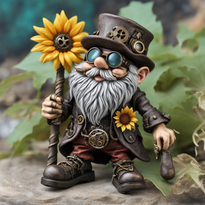 Steampunk gnome with sunflower pant and straw hat Cyberpunk style