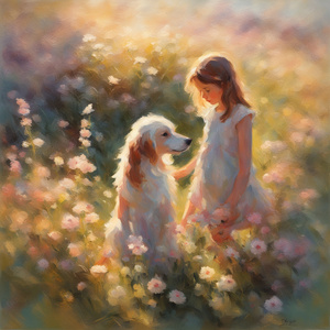  petites filles dans un champt de fleurs sauvage avec un chien au lever du soleil  Impressionism style