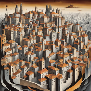 Magic-infused cityscape  moritz escher Dali style