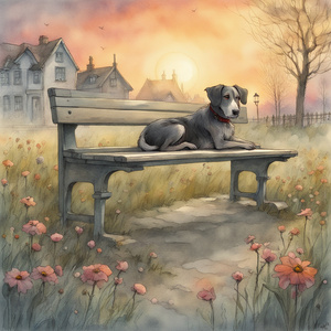 Im alone where are you? close up A dog lies on a bench inext to his masters closed front door meadow flowers away street sunset evening scene dramatic sky flowers street fog. style by Jean-Baptiste Monge and Greg Rutkowski watercolor and ink. Picturesque 