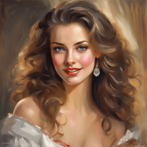 painting style of Konstantin Razumov of a beauty portrait in the classic style of old-school glamour shots. Beautiful eyes glossy lips warm smile long wavy hair posed elegantly odalisque with soft flattering lighting hair light wearing a modest casual dre