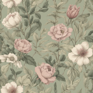 Create a vintage-style botanical print featuring hand-drawn flowers leaves and vines with intricate details. Use a soft muted color palette of sage green dusty rose and cream with a faded parchment-style background. The design should feel nostalgic and re