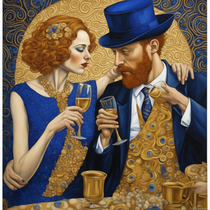 PHOTOREALISTIC couple drinking wine Champaign ART DECO GUSTAV KLIMT GOLD ROYAL BLUE DALI STYLE Van Gogh style