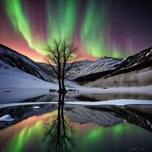 Lonely tree  mountains creek reflection aurora snow