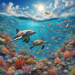 ocean waves dolphin turtle sky puffy clouds wave spray see fish under water extremely detailed colorful coral colorful fish below water sky and clouds and sun above water