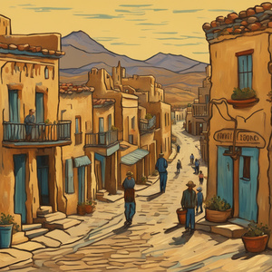 image of a southwest small old town with some people walking around Van Gogh style