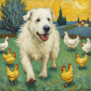 big white dog herding chicks and chickens Van Gogh style