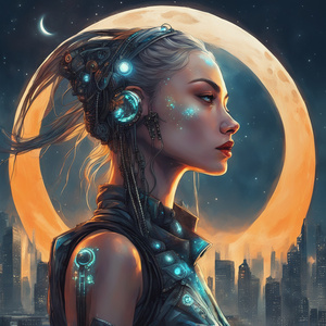 She is as beautiful as the moon.     She is as bright as the sun.     She is as majestic as the stars traveling across the sky Cyberpunk style