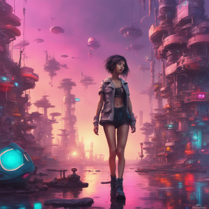 dreaming girl walk on toy island Cyberpunk style