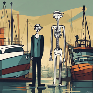 create me a tall skinny man at a boat yard Abstract style