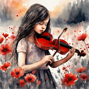 une jeune  fillette 10 ans cheveux10 ans noir pratiquant le piano  et une jeune fillette 7 ans cheveux noir paratiquant le violon  dans un champ de fleurs sauvage  au coucher du soleil avec des fleurs rouge Watercolor style