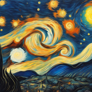 Starry night with swirling galaxies   moonlit landscape   vibrant colors   oil painting   Van Gogh-inspired   highly detailed brushstrokes   surreal atmosphere   dreamlike   midnight blue hues   twinkling stars   serene mood.