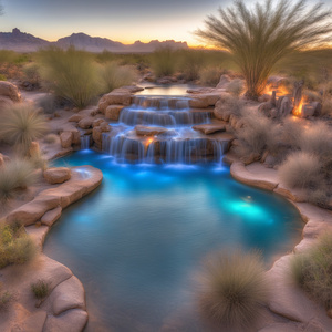 High dynamic range  enchanted desert waterfall retreat with magic pale  blue glowing  water pools 