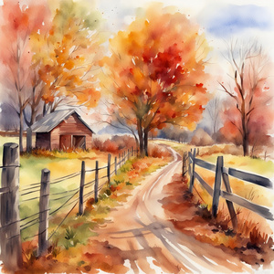 Wonderful late autumn landscape rural farm fence trees roads shrubs stall in the distance wonderful colors. Watercolor.