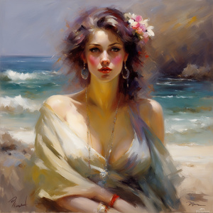  Beautiful Woman her colors are soft feminine stunning and strong like the ocean behind her by Pino Daeni Mark Brooks