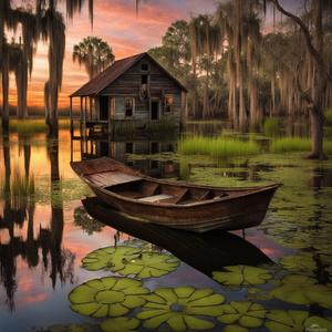 swamp sunset  colorful old cabin old wooden sunken boat reflections cypress trees Spanish moss lily pads frog Dali style