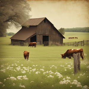 vintage inspired picture of green pastoral pasture with brown cattle grazing around tall white flower clumps with a brown barbed fence in the foreground and a brownish worn wood barn in the distance
