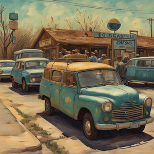 an old run-downwith some old cars in the gas line and some people around gas station Van Gogh style