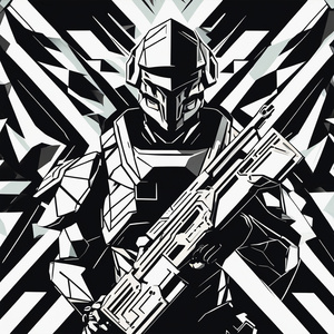 A high-contrast pure digital vector illustration of a futuristic soldiers helmeted head and shoulder in close-up holding a sleek elegant rifle vertically near the cheek the armor is constructed from massive solid geometric plates with hard outlines featur