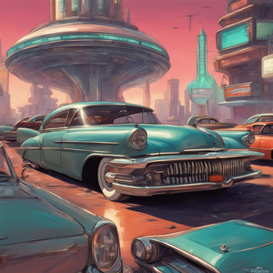 stratosphere filled with old automobiles Cyberpunk style
