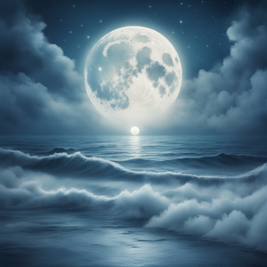 Design a surreal celestial artwork featuring a massive glowing moon floating over a dreamlike misty ocean. Blend deep blues soft silvers and glowing whites in a striking composition that feels otherworldly yet calming. Add subtle stars and clouds for a ma