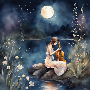 A beautiful lady plays music on the saxophone on the Moonlight Riverbank with some brilliant tiny flowers around her. Watercolor style