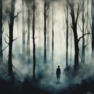Mysterious misty forest with tall trees and a shadow figure in dark hues Watercolor style