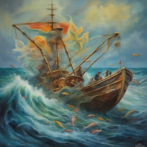 REALISTICFANTASY FISHING SHIP AT SEA TURBULENT SEAS COLORFUL crew members fishing nets Dali style