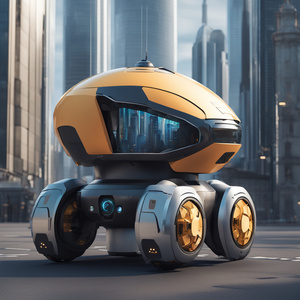 livery for a security robot 4 wheel with a futuristic city in a background 