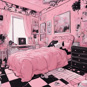 kawaii room pink and black Impressionism style
